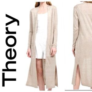 Theory Torina C Linen Cashmere Blend Light Beige Open Front Longline Cardigan